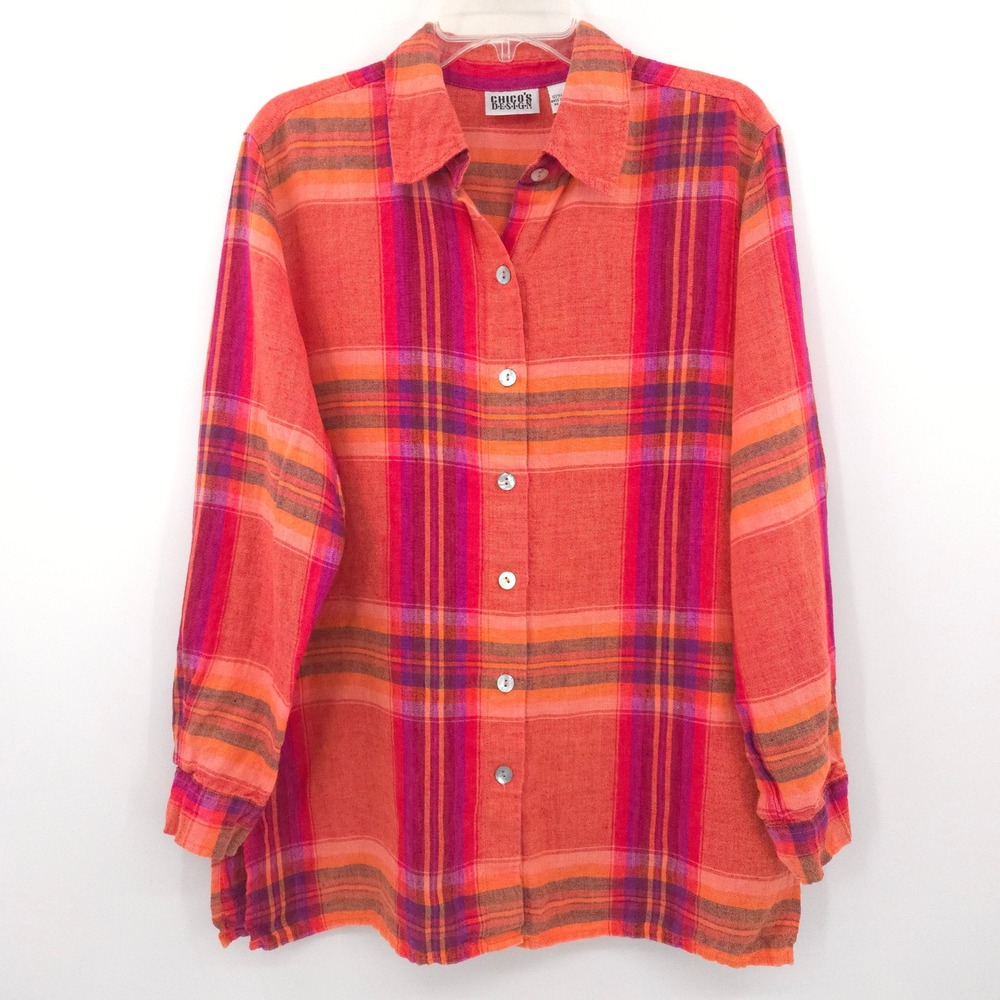 Chicos Design Linen Button Down Shirt Womens Size 2 (L) Orange Plaid Long Sleeve